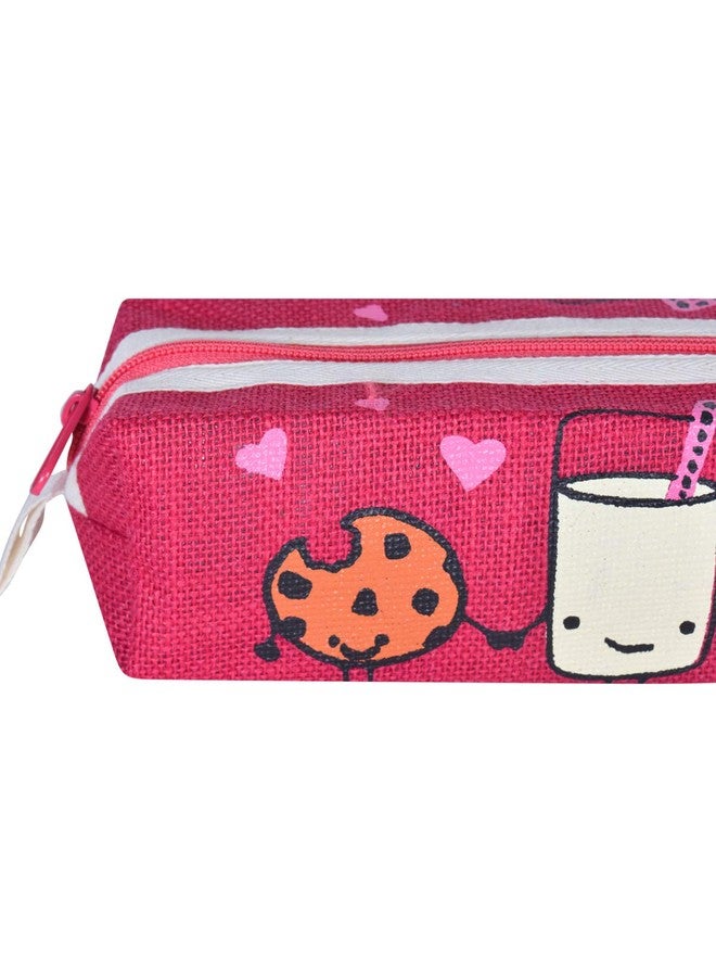 Jute Cottage Multipurpose Jute Pouch for Women and Men | Jute Pencil Pouch | Jute Travel Organiser | Jute Cosmetic Pouch | Jute Printed Pouch | Milk and Cookie Print | Pink - Image 4